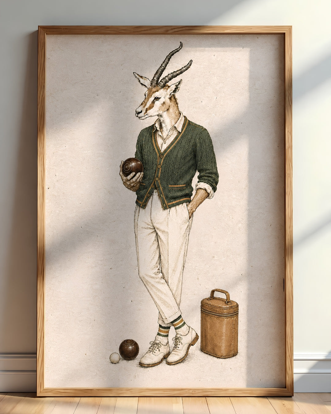 A framed art print featuring a whimsical illustration of a gazelle dressed in vintage cricket attire, holding a bowling ball, displayed on a wall in a room setting.