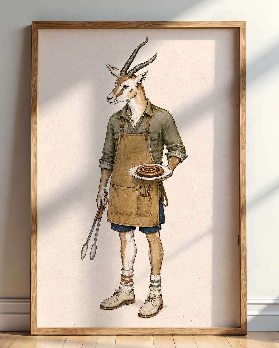 A large framed art print leaning against a wall on a wooden floor. The print features a whimsical illustration of a gazelle dressed as a chef, wearing an apron and holding a plate with a rolled pastry, with tongs in one hand.