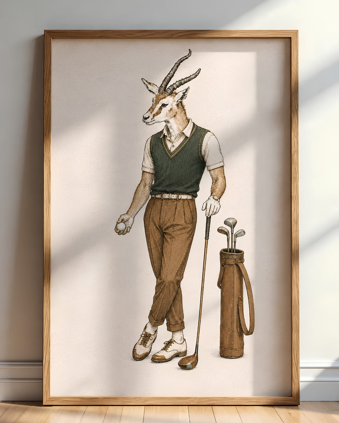 A framed art print featuring a whimsical illustration of a gazelle dressed in golf attire, standing next to a golf bag. The print is housed in a light wood frame and is leaning against a neutral wall on a wooden floor.