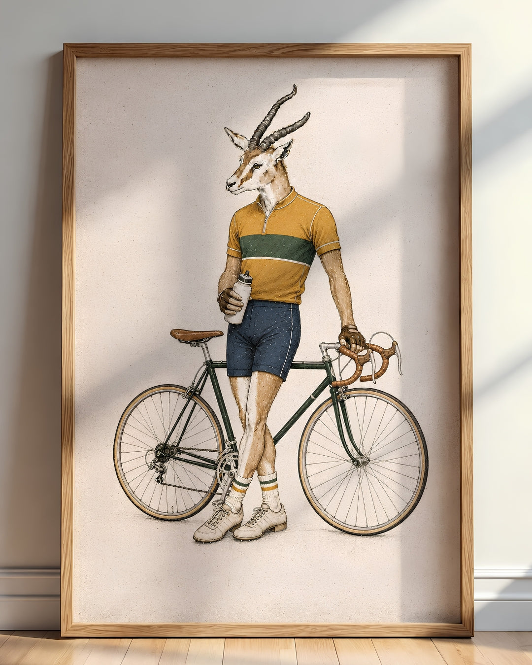 A large framed art print leaning against a wall on a wooden floor. The print shows a whimsical illustration of a gazelle with antlers dressed as a cyclist, wearing a yellow and green striped jersey, blue shorts, and riding a dark green road bicycle.