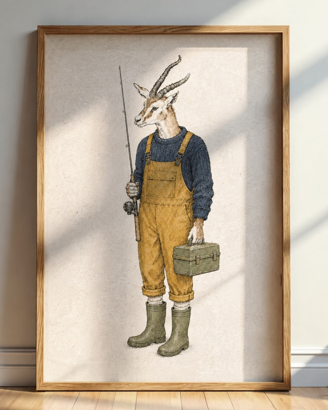 A framed art print featuring a whimsical illustration of a gazelle with antlers dressed in blue overalls, a dark blue sweater, green rain boots, and holding a fishing rod and tackle box, displayed on a wall above a wooden floor.