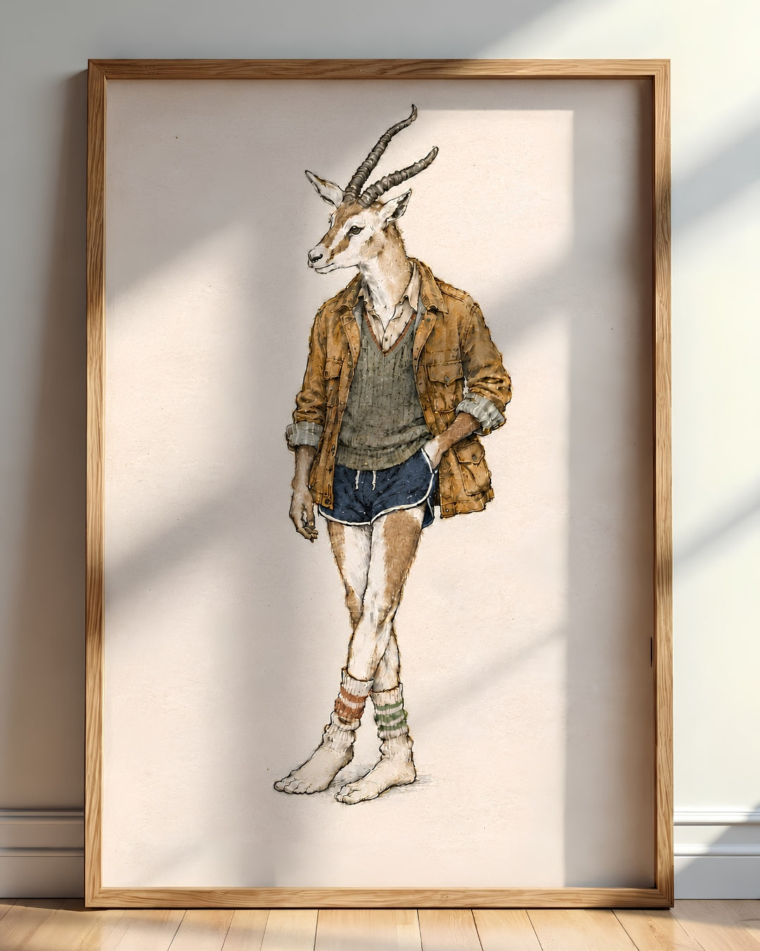 A framed art print featuring a whimsical watercolor illustration of a gazelle dressed in casual clothing, leaning against a wall on a wooden floor.